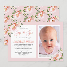 Convites Sip & See Baby Girl Foto Blush Floral Chá de frald