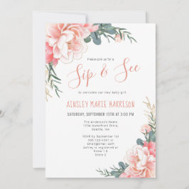 Convites Sip & See Blush Dourado Floral Girl Chá de fraldas