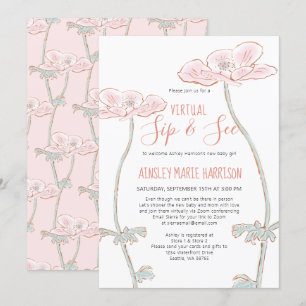 Convites Sip & See Blush Pink Baby Girl Virtual Chá de fral