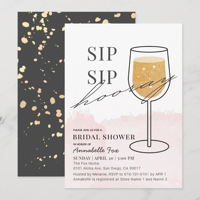 Convites Sip Sip Hoay Dourado Vinho Vidro Rosa Chá de panel (Frente/Verso)