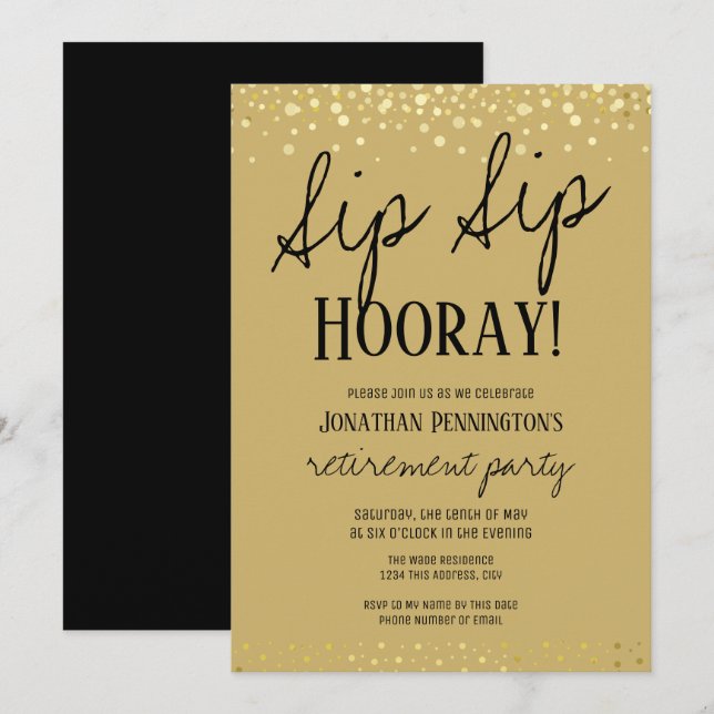 Convites Sip Sip Hooray Elegante Dourado Invit. (Frente/Verso)