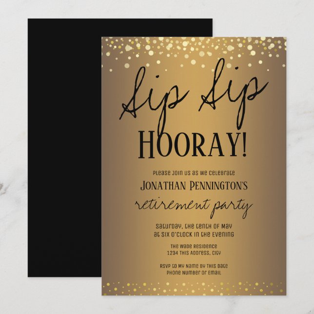 Convites Sip Sip Hooray Elegante Dourado Partido de Aposent (Frente/Verso)