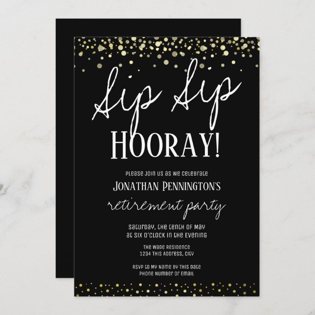 Convites Sip Sip Hooray Elegante Dourado Partido de Aposent (Frente/Verso)