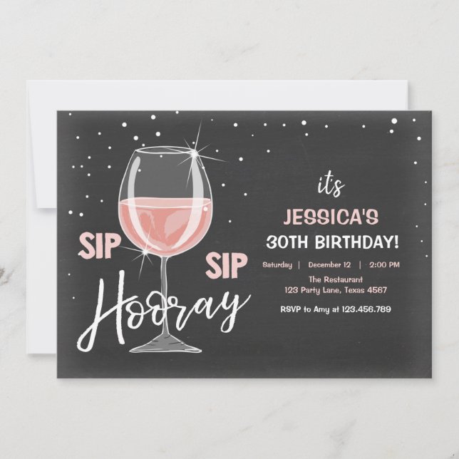 Convites Sip Sip Hooray Vinho De Chalkboard Aniversário (Frente)