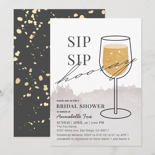 Convites Sip Sip Hooray Vinho Dourado Chá de panela De Vidr (Frente/Verso)