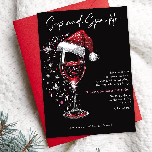 Convites Sip & Sparkle Holiday Cocktail Party Wine Glass (Criador carregado)
