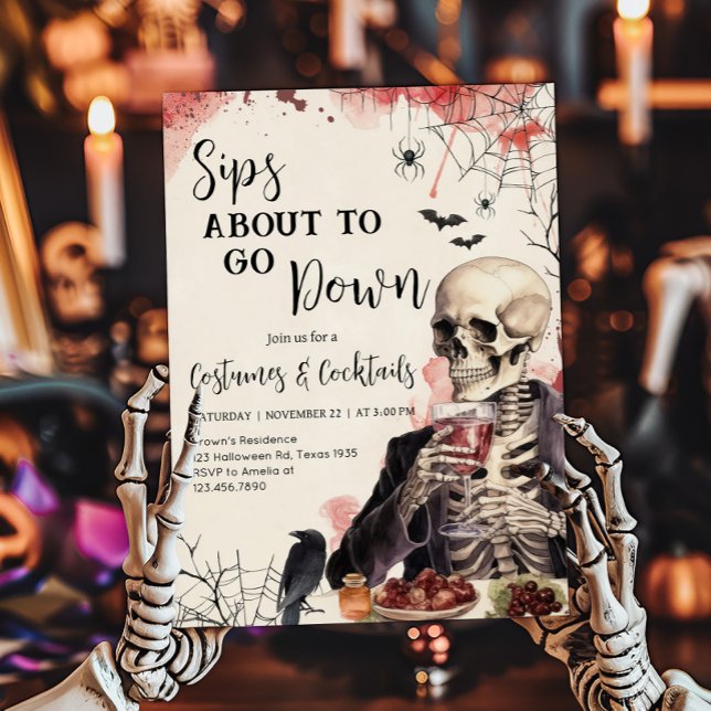 Convites Sips prestes a descer o coquetel do festival Inv (Sips About to Go Down Costumesa and Cocktails Halloween Party Invitation)