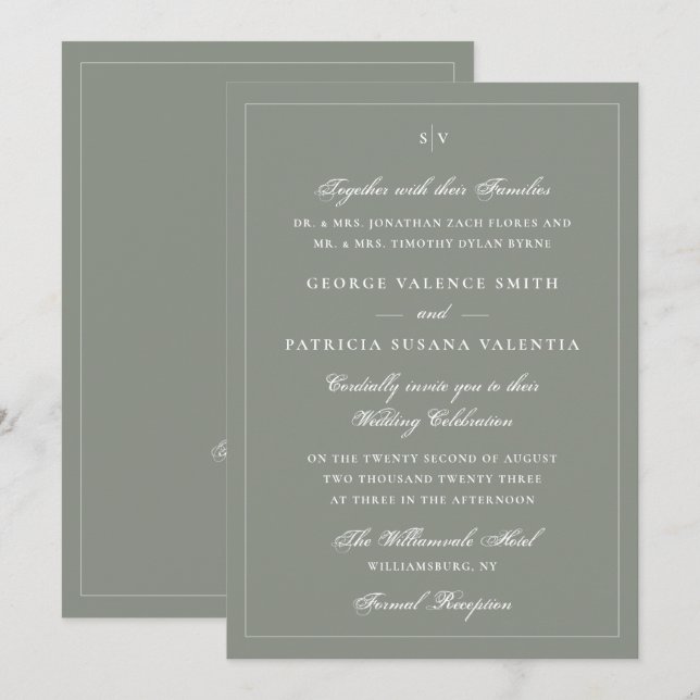 Convites Site de Casamento Código QR Monograma Verde Salvia (Frente/Verso)