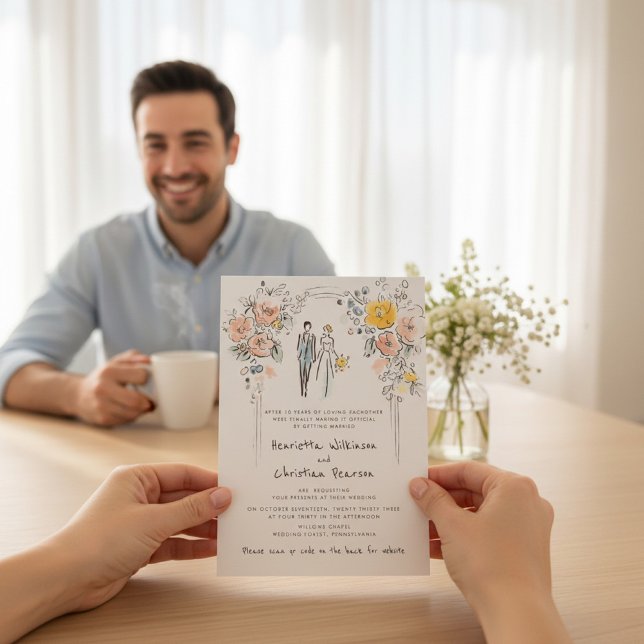 Convites Site de Casamento Esboço de Casal com Arco Floral (Criador carregado)