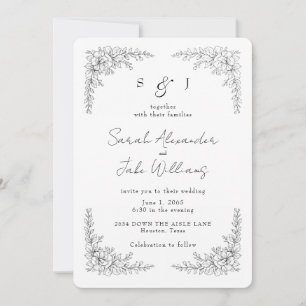 Convites Site de casamento floral com contorno preto elegan