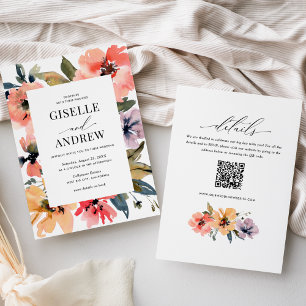 Convites Site de Casamento Floral de Watercolor QR