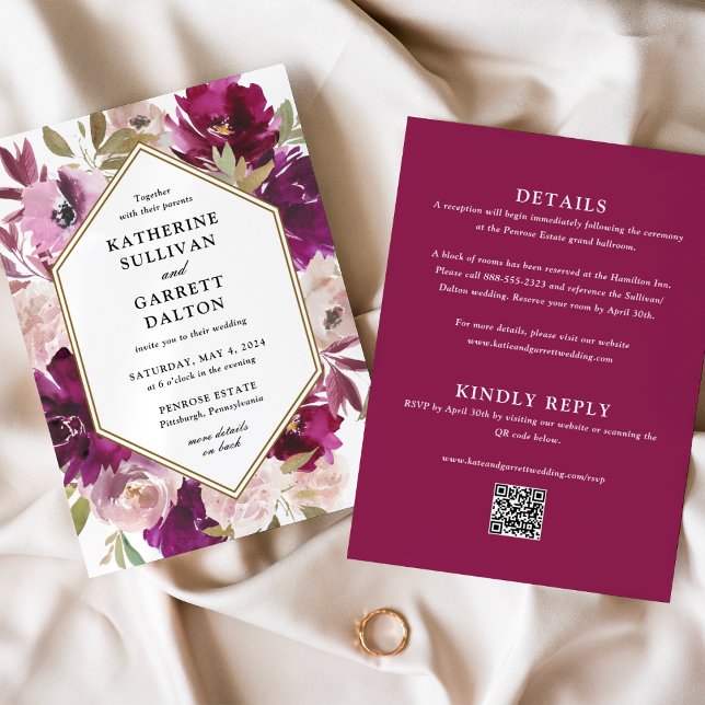 Convites Site de Casamento Floral Magenta de Dois Lados (Criador carregado)