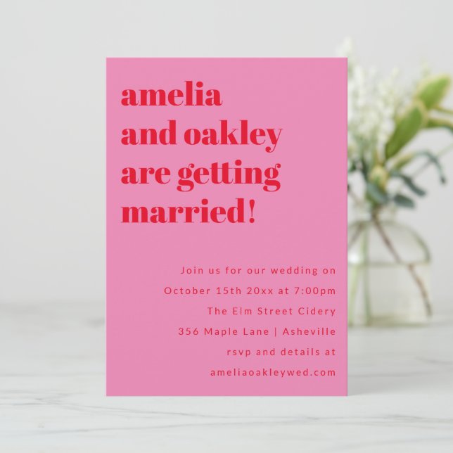 Convites Site de Casamento Retro Rosa Vermelho Minimalista  (Em pé/Frente)