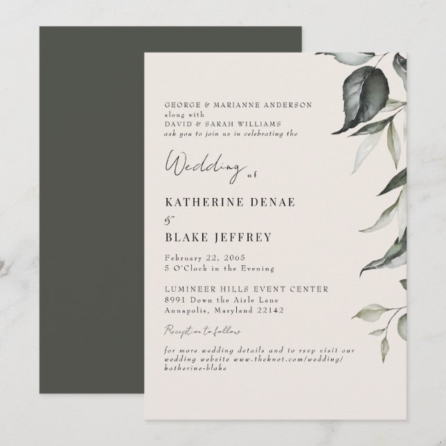 Convites Site de Folhagem Botânica de Champanhe Casamento (Frente/Verso)