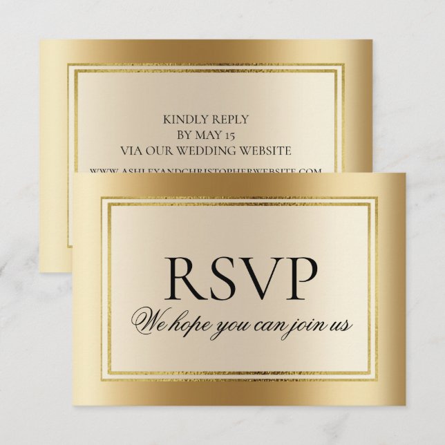 Convites Site de RSVP de casamento elegante em ouro (Frente/Verso)