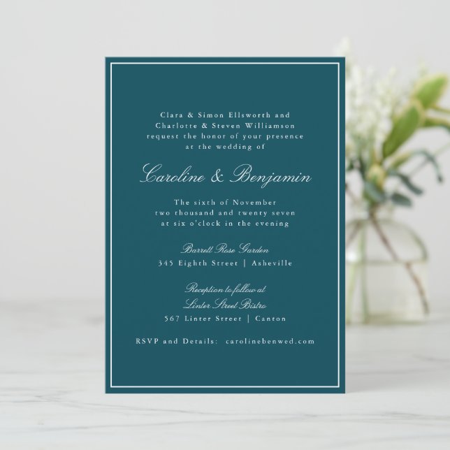 Convites Site Formal Classic Border Script Teal Wedding (Em pé/Frente)