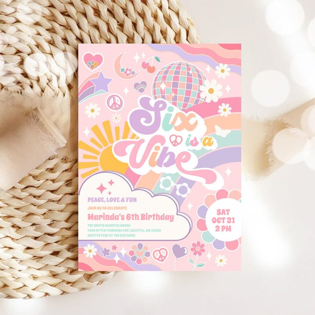 Convites Six Is A Vibe Rainbow Disco Sun 6th Birthday  (Criador carregado)