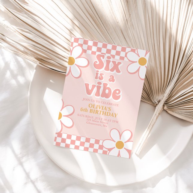 Convites Six is a Vibe Retro Check Rosa Margarida (Criador carregado)