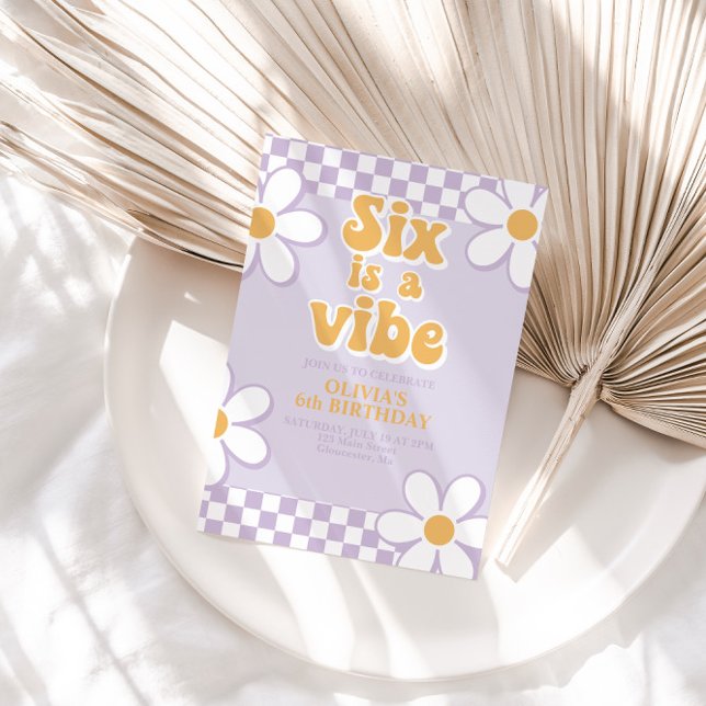 Convites Six is a Vibe Retro Xadrez Lilás Margarida (Criador carregado)