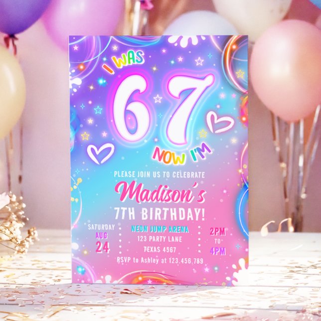 Convites Six Seven 6 7 Neon Glow Retro Groovy Girl Birthday (Criador carregado)