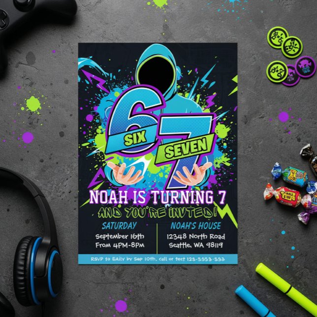 Convites Six Seven Birthday Invitation, 7th Birthday (Criador carregado)