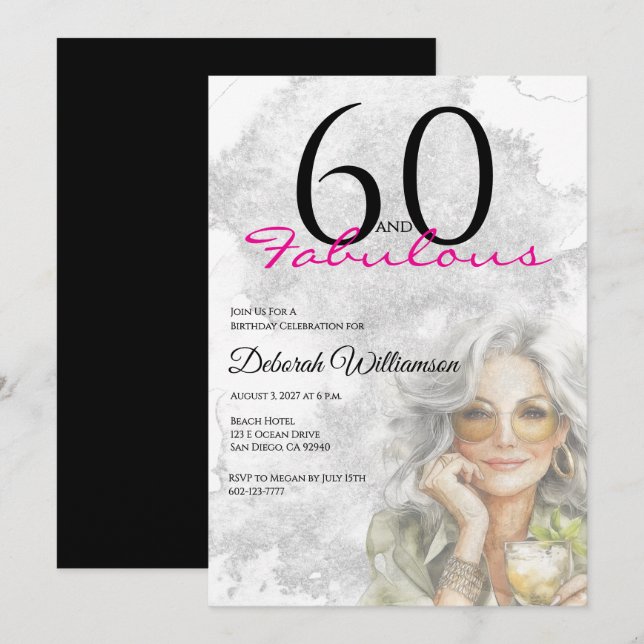 Convites Sixty and Fabulous Black Pink 60th Birthday (Frente/Verso)