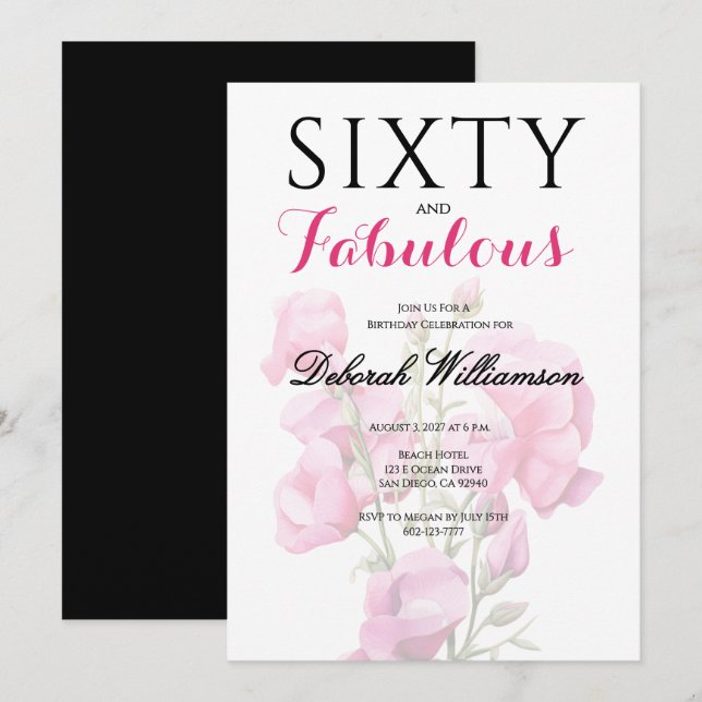Convites Sixty and Fabulous Black Pink 60th Birthday  (Frente/Verso)
