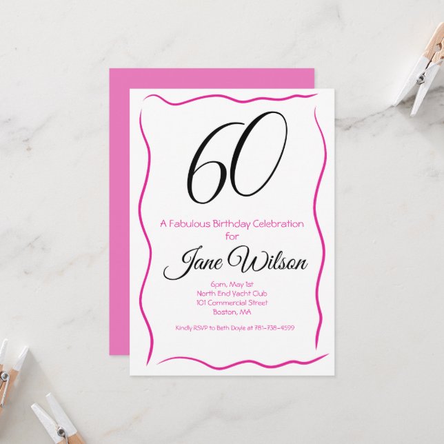 Convites  Sixty & Fabulous Invitation Chic Pink & Black (Frente/Verso In Situ)