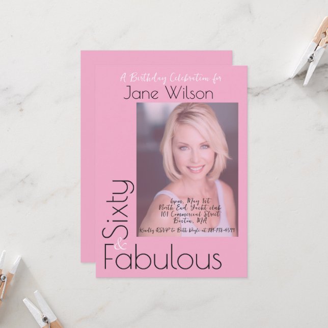 Convites  Sixty & Fabulous Invitation Pink Photo (Frente/Verso In Situ)