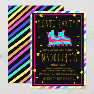 Convites Skate do cilindro do Faux Neon Chalkboard Rainbow 