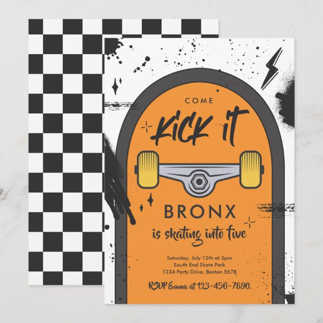 Convites Skateboard Vem Kick It Urban Sport Festa de aniver (Frente/Verso)
