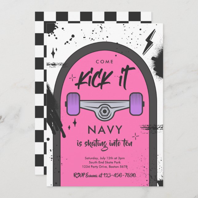 Convites Skateboard Vem Kick It Urban Sport Festa de aniver (Frente/Verso)