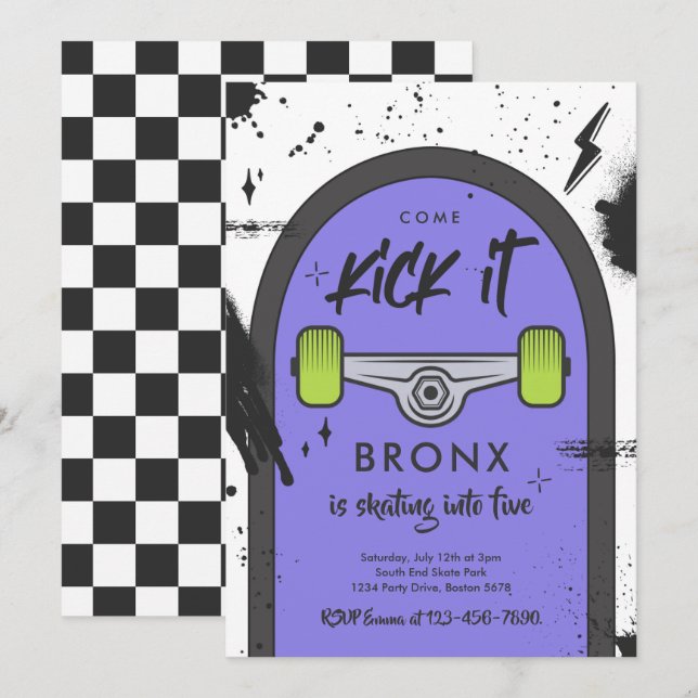 Convites Skateboard Vem Kick It Urban Sport Festa de aniver (Frente/Verso)