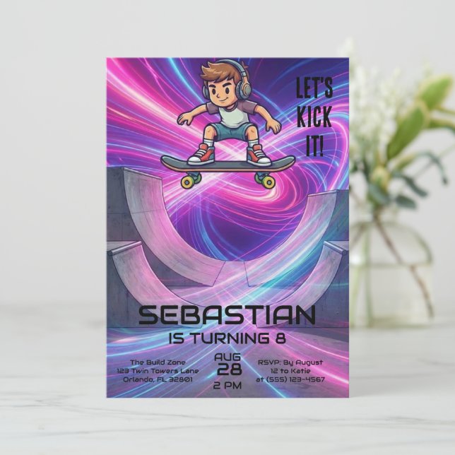 Convites Skateboarding | Skater Birthday Party (Em pé/Frente)