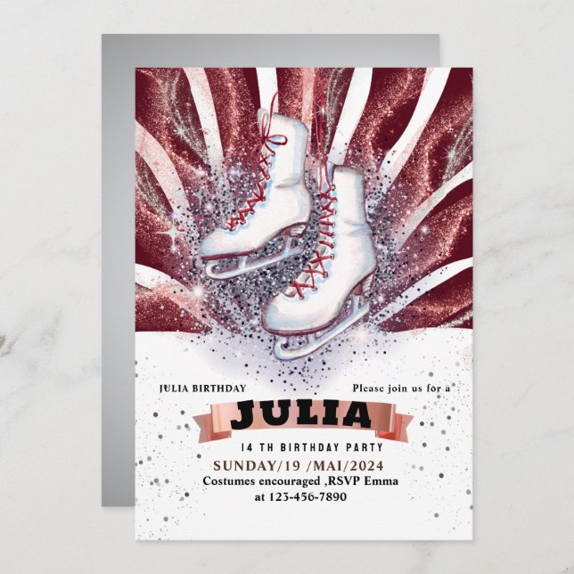 Convites skates de gelo patinando vermelho-marrom-prateado (Frente/Verso)