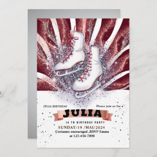 Convites skates de gelo patinando vermelho-marrom-prateado