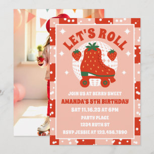 Convites Skates de morango   Aniversário do Roller Retro