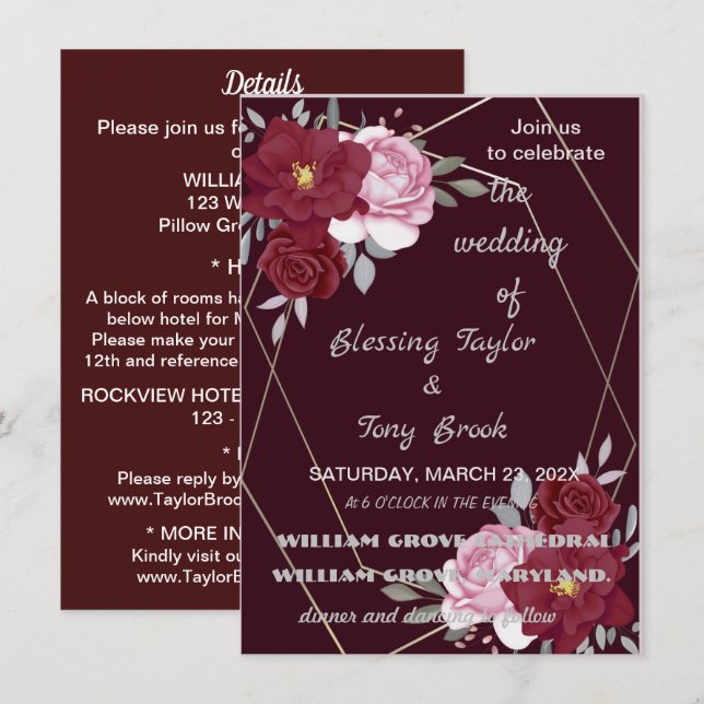 Convites Skaymarts | Maroon Elegant Calligraphics Weding I (Frente/Verso)