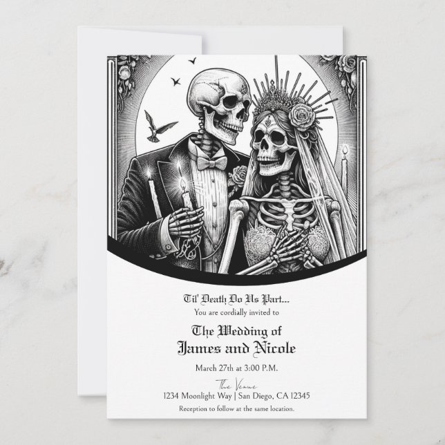 Convites Skeleton Bride & Groom Casamento vintage Branco Pr (Frente)