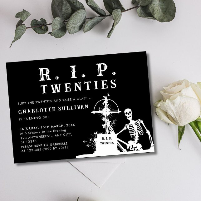 Convites Skeleton Bury Rip 20s aniversário de 30 anos preto (Funny Skeleton Bury Rip 20s Black 30th Birthday Invitation)