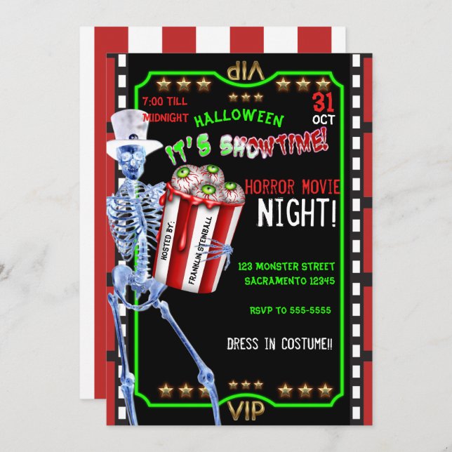 Convites Skeleton Popcorn Eyebolas Noite de Halloween (Frente/Verso)