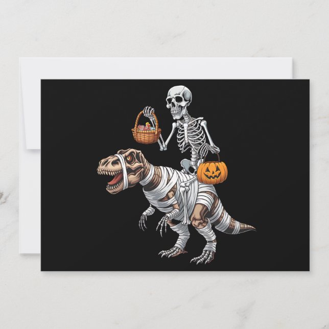 Convites Skeleton Riding Mummy Dinosaur T rex Halloween (Frente)