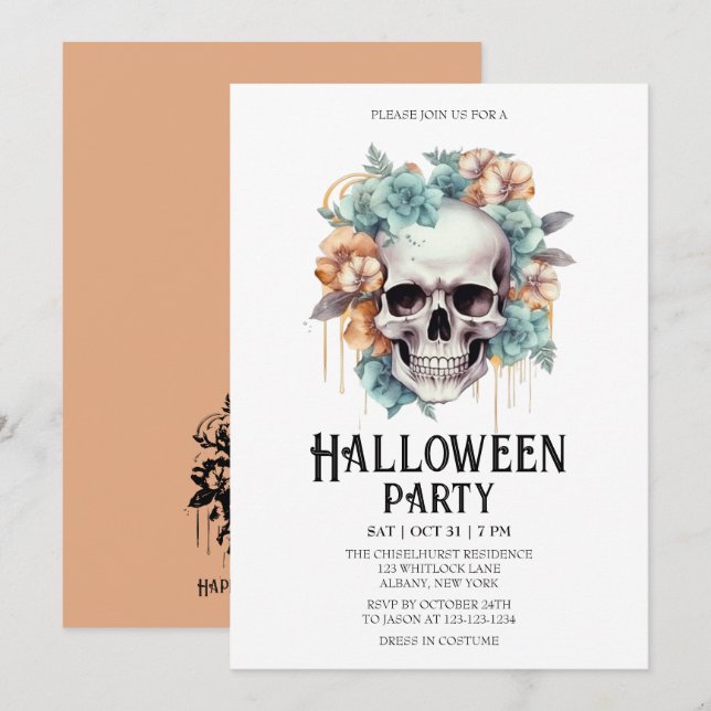 Convites Skeleton Skull Flowers Mint Halloween Party (Frente/Verso)