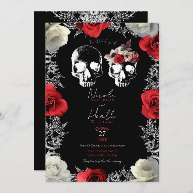 Convites Skeleton Skull Red White Roses Gothic Wedes (Frente/Verso)
