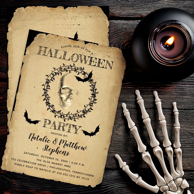 Convites Skeleton Spooky e Bats Wreath Halloween Party (Spooky Skeleton and Bats Wreath Halloween Party Invitation - Print | Digital Download)