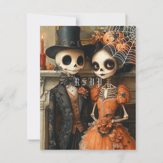 Convites Skeletons Black Spiders Halloween RSVP (Frente)