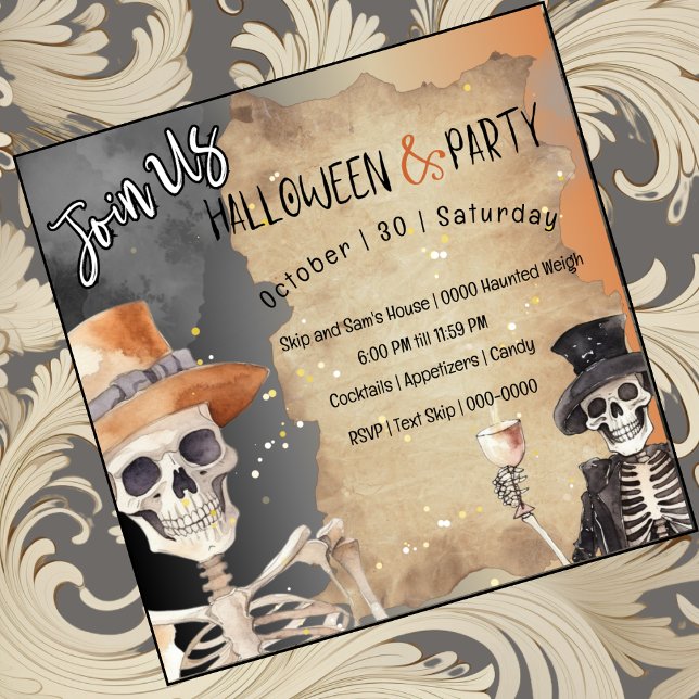 Convites Skeletons De Halloween Em Chapéus Para Uma Época D (Two fun skeletons in top hats with Halloween libations on customizable party invitations
)