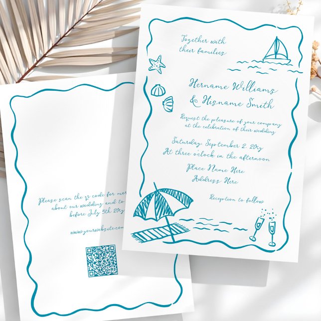 Convites Sketch Whimsical da Praia Desenhou Casamento QR RS (Criador carregado)
