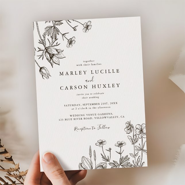 Convites Sketched Hand Drawn Wildflower Wedding (Criador carregado)