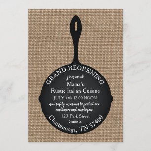 Convites Skillet de Burlap de Reabertura Grande do Restaura